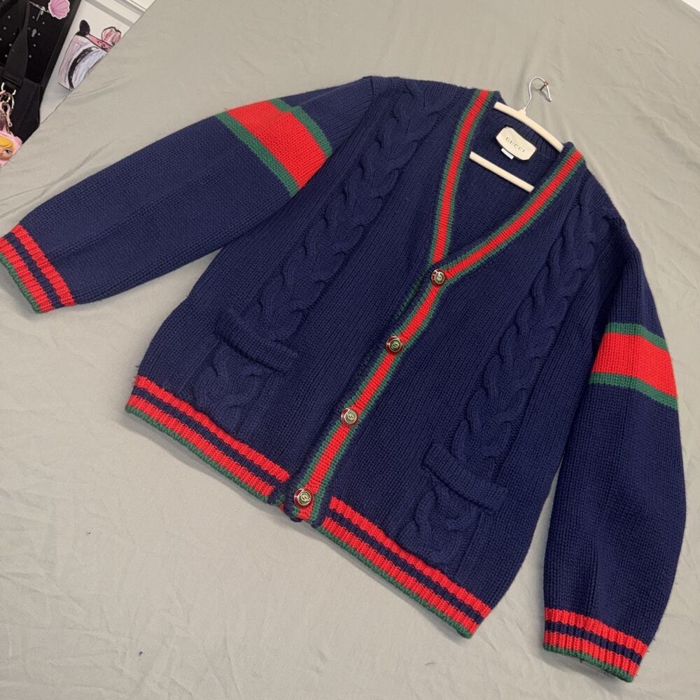 Gucci Navy Blue Wool Cable Knit Cardigan Sherry Line Interlocking Gold Buttons L